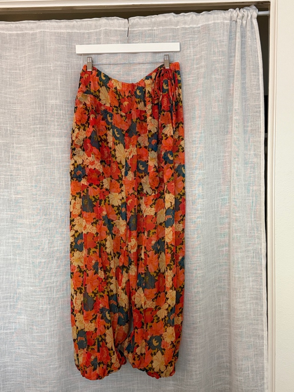 Free People Orange Floral Pants with Navy and Cream Accents